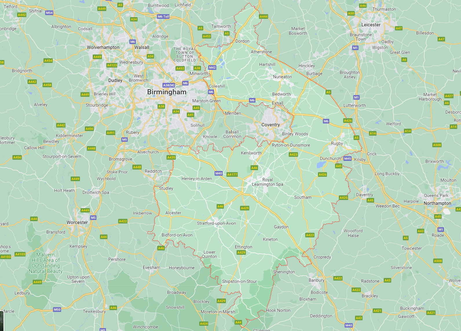 Map of Warwickshire area