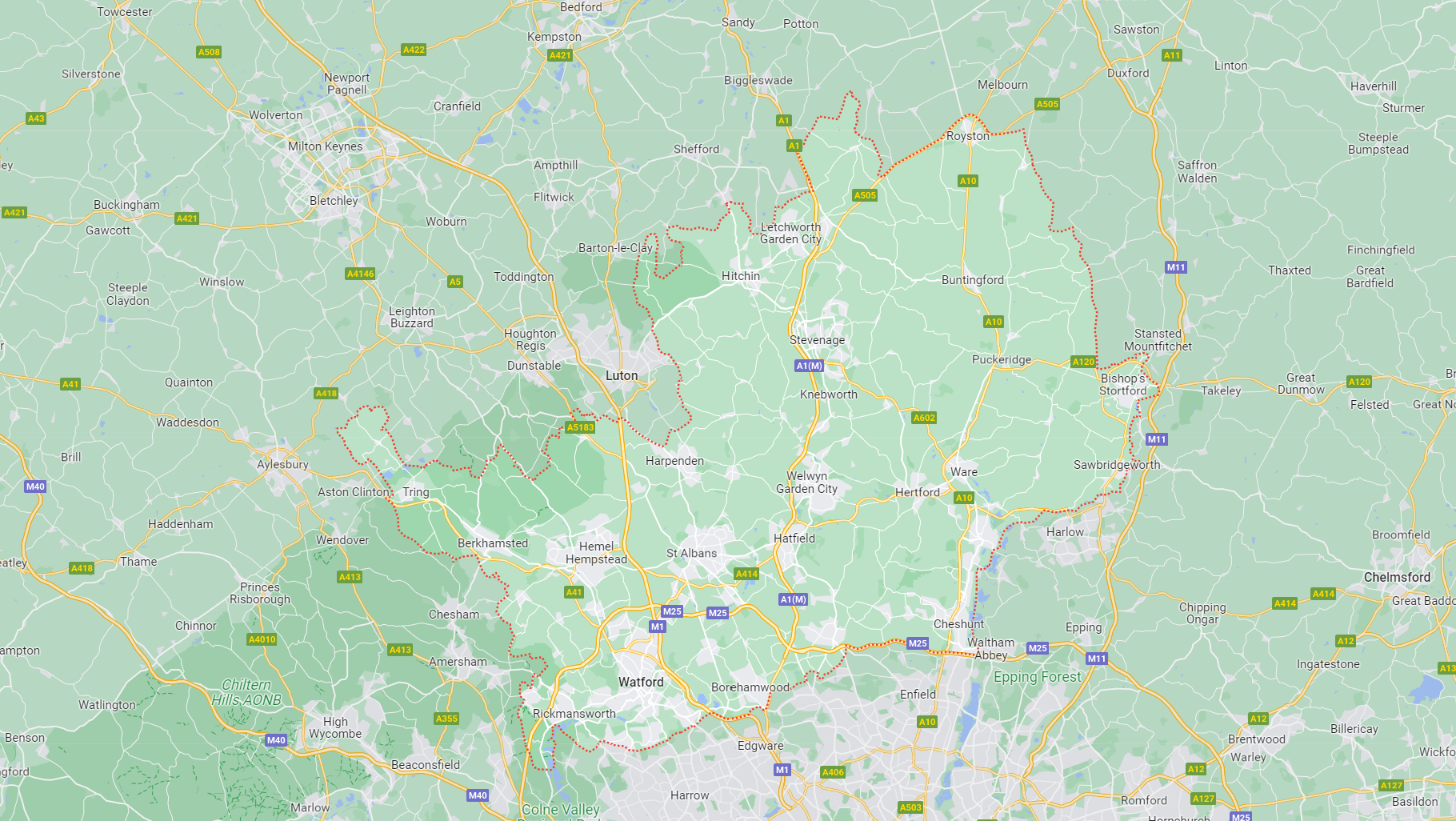 Area of Healthwatch Hertfordshire outlined on a map