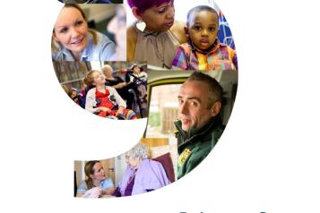 Primary Care Report Front Cover showing a big speech mark in which there 5 images: a lady nurse, a mother with her son, a girl on a wheelchair, an ambulance driver and a nurse speaking to an elderly woman