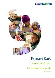 Primary Care Report Front Cover showing a big speech mark in which there 5 images: a lady nurse, a mother with her son, a girl on a wheelchair, an ambulance driver and a nurse speaking to an elderly woman